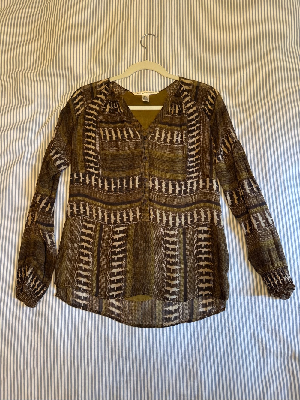 Diane Von Furstenberg Silk Women's Olive Brown Patterned V-Neck Blouse